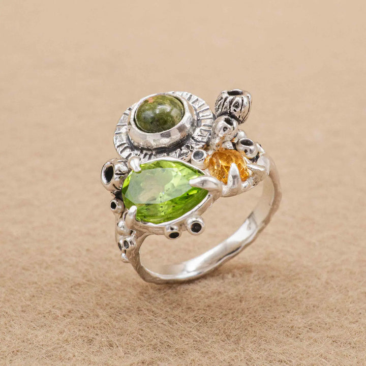 Silberring mit 3 Steinen // Blumenstrauß Ring mit Peridot, Citrin, Unakit