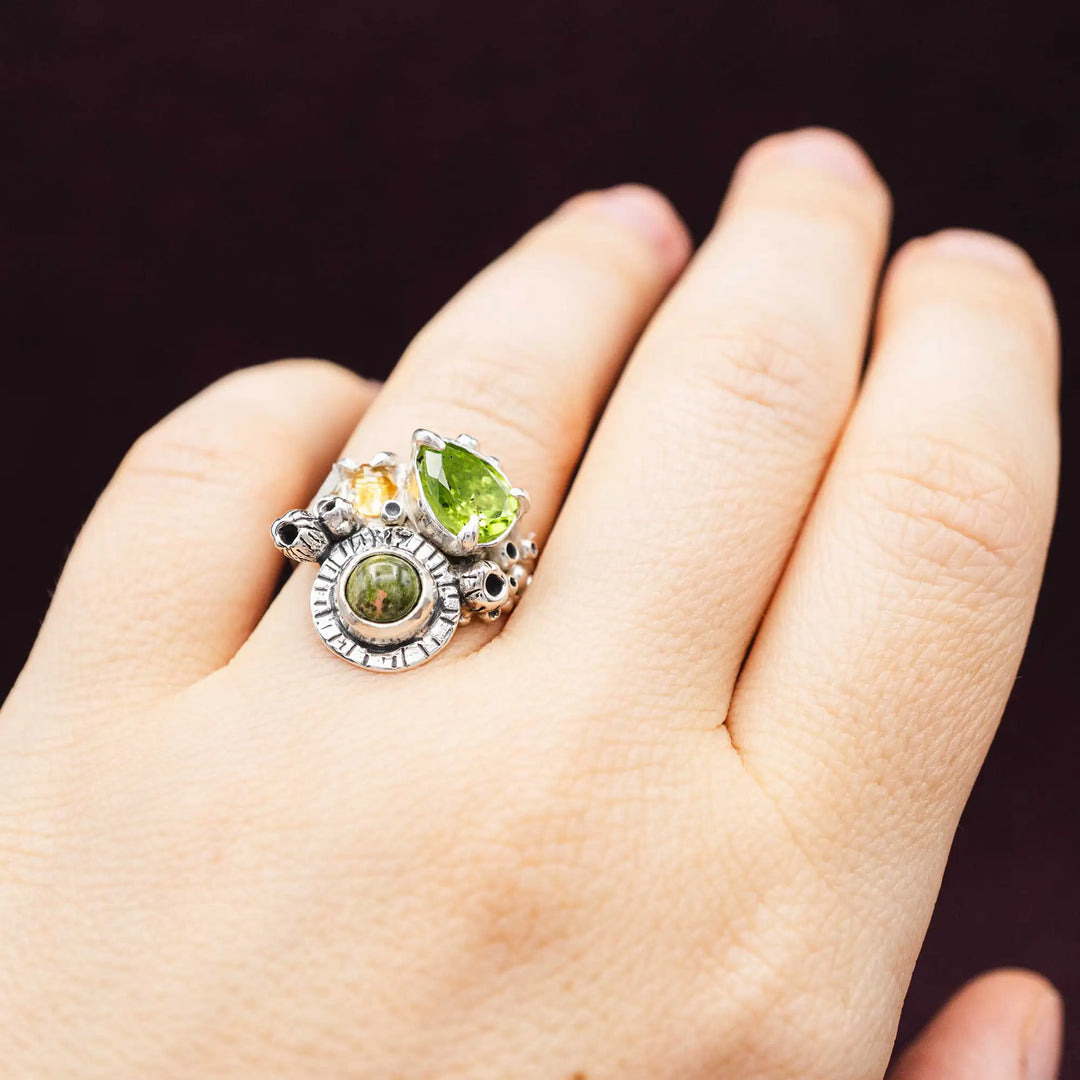 Silberring mit 3 Steinen // Blumenstrauß Ring mit Peridot, Citrin, Unakit