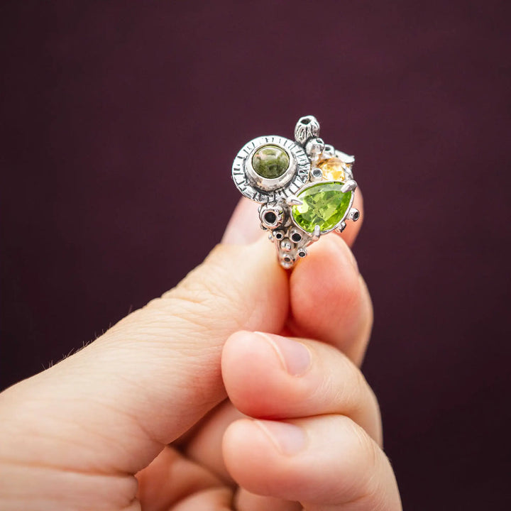 Silberring mit 3 Steinen // Blumenstrauß Ring mit Peridot, Citrin, Unakit