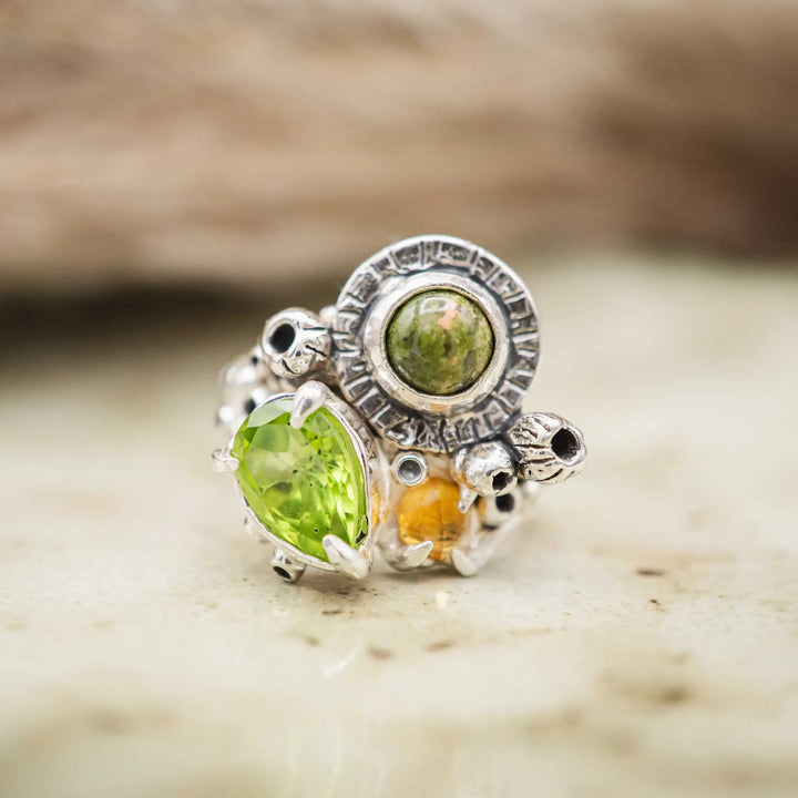 Silberring mit 3 Steinen // Blumenstrauß Ring mit Peridot, Citrin, Unakit