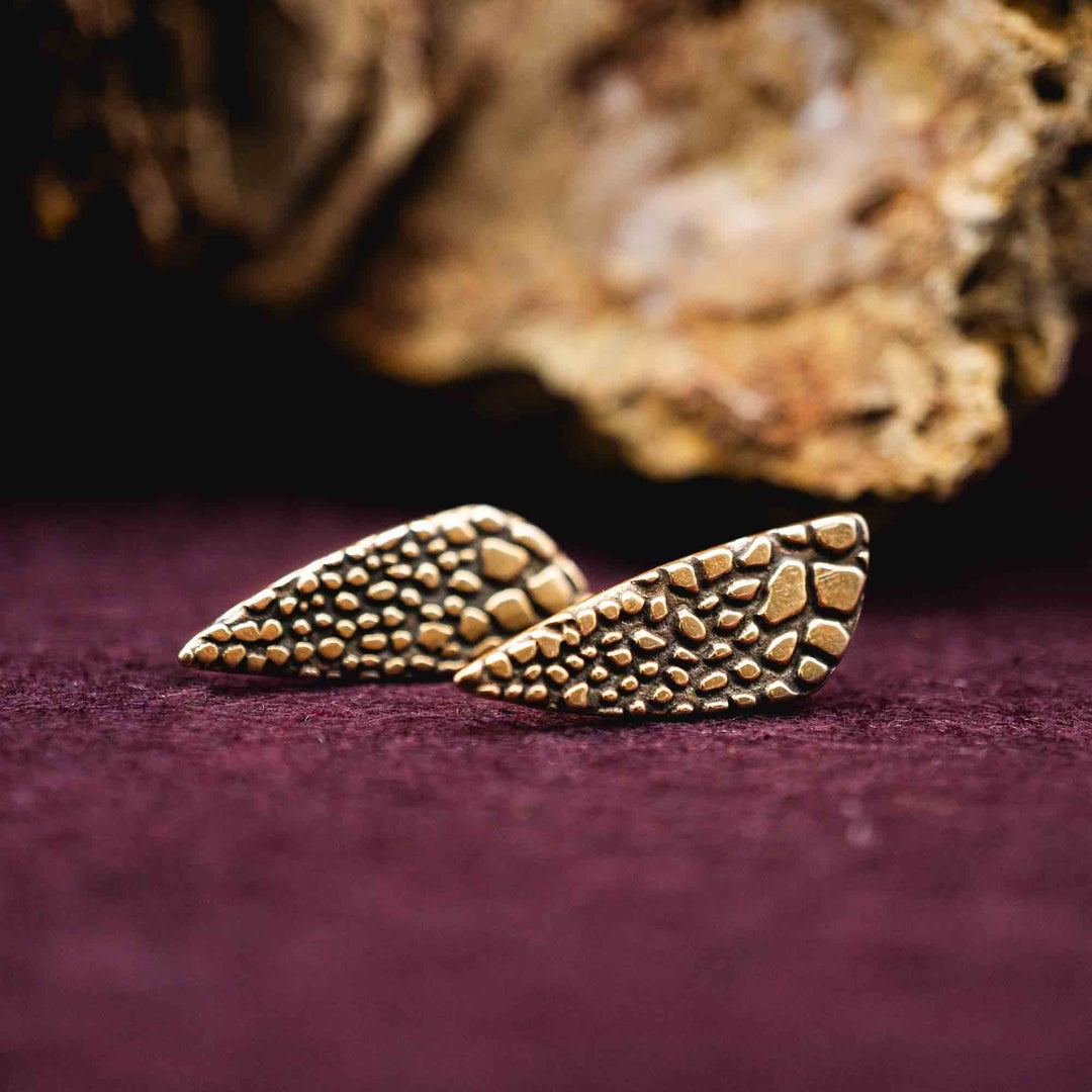 Triangular tooth stud earrings made of bronze with texture