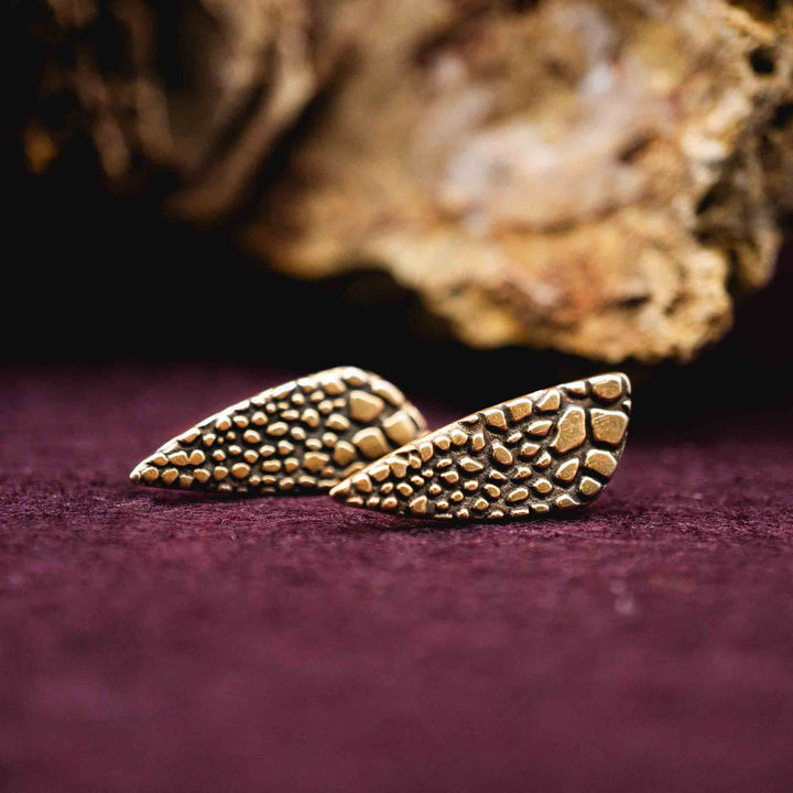 Triangular tooth stud earrings made of bronze with texture