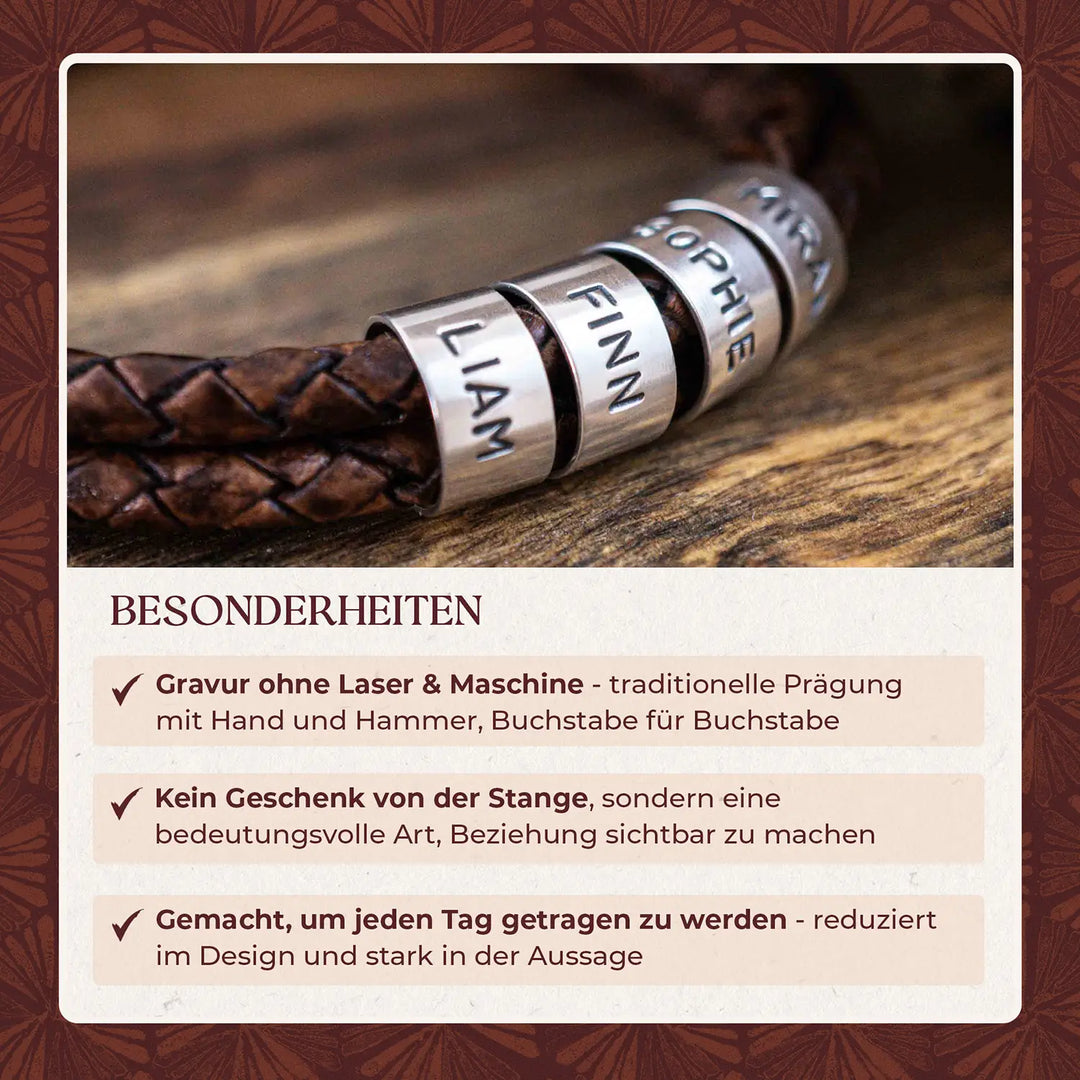 Ein geflochtenes Gravur Armband im Wickelarmband Stil für Männer aus braunem Leder, personalisiert mit Namen auf Sterling Silber 925 Perlen.