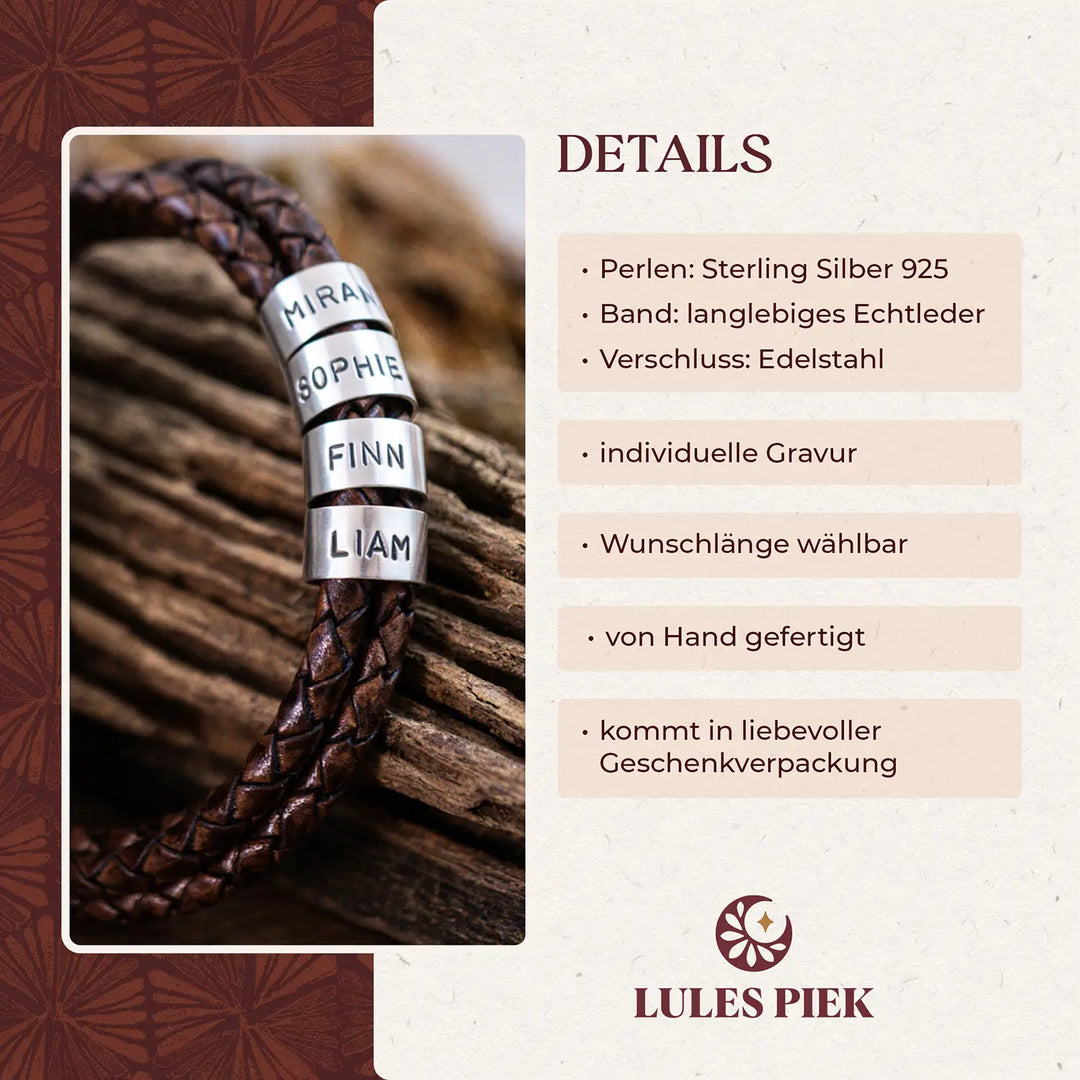 Ein geflochtenes Gravur Armband im Wickelarmband Stil für Männer aus braunem Leder, personalisiert mit Namen auf Sterling Silber 925 Perlen.