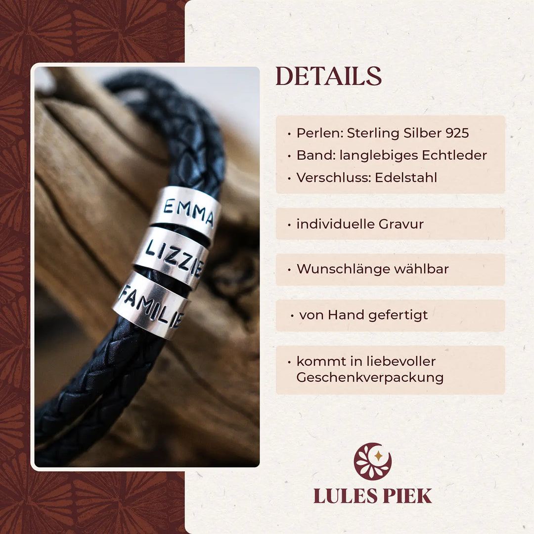 Ein geflochtenes Gravur Armband im Wickelarmband Stil für Männer aus schwarzem Leder, personalisiert mit Namen auf Sterling Silber 925 Perlen.