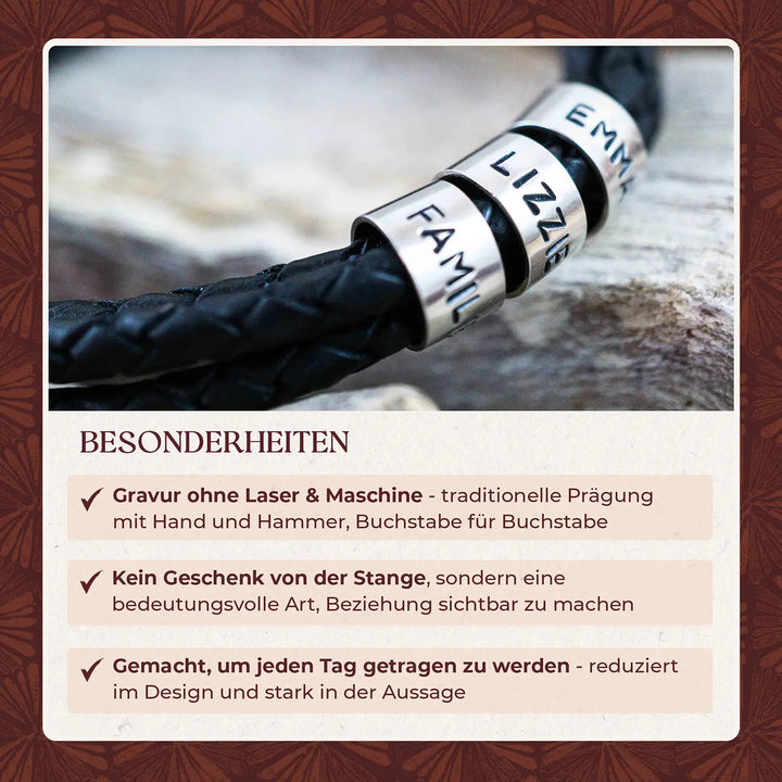 Ein geflochtenes Gravur Armband im Wickelarmband Stil für Männer aus schwarzem Leder, personalisiert mit Namen auf Sterling Silber 925 Perlen.