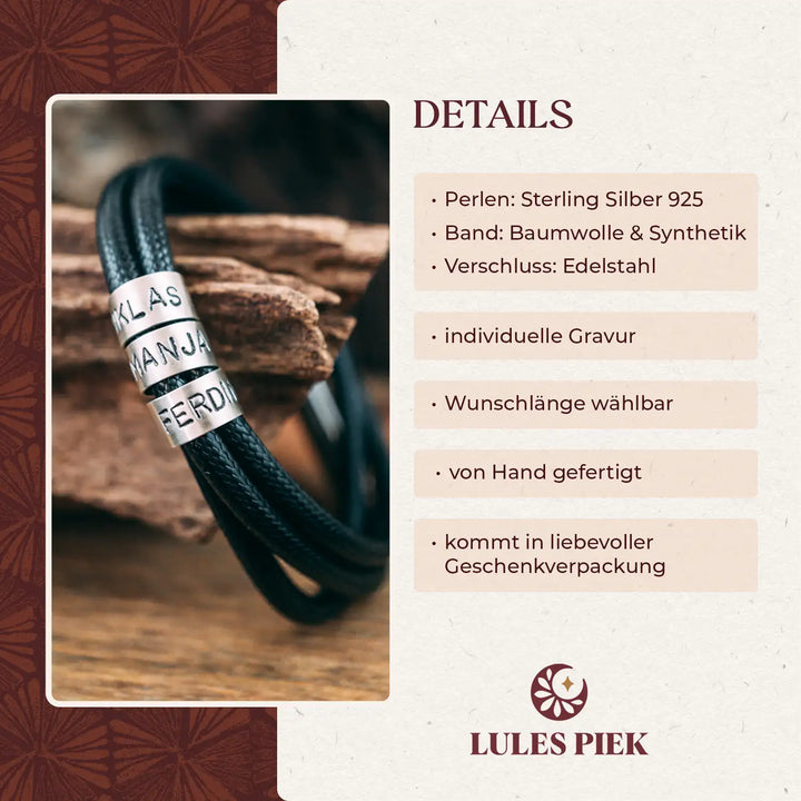 Ein veganes Armband mit Gravur im Wickelarmband Stil für Männer aus schwarzem Band, personalisiert mit Namen auf Sterling Silber 925 Perlen.