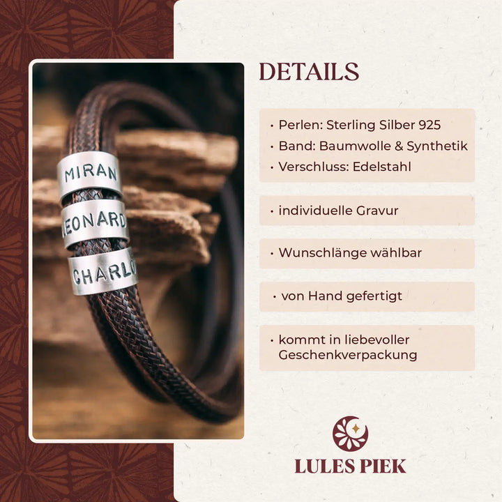 Ein veganes Armband mit Gravur im Wickelarmband Stil für Männer aus braunem Band als Geschenk für Vater oder Ehemann. Es ist personalisiert mit Namen auf Sterling Silber 925 Perlen.