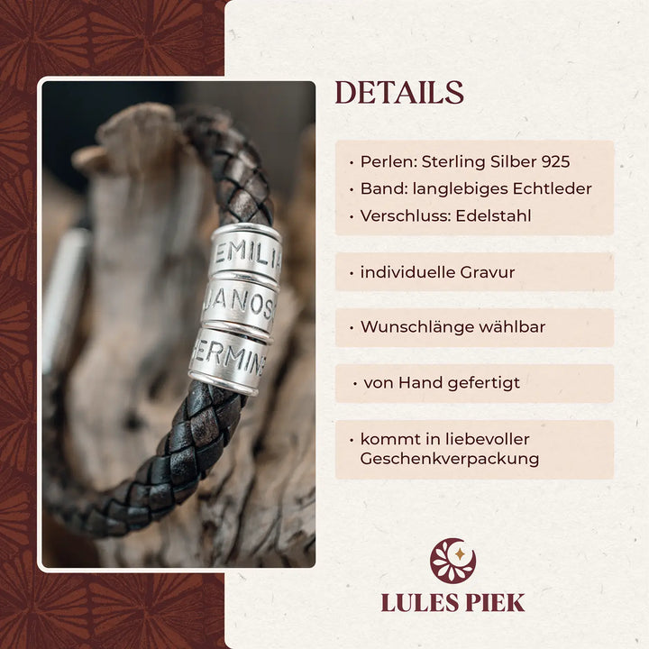 Ein dickes, geflochtenes Armband für Herren aus dunklem, braunen Leder, personalisiert mit Gravur von Namen, Koordinaten und Datum auf Sterling Silber 925 Perlen.