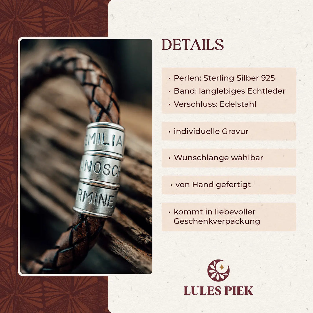 Ein dickes, geflochtenes Gravur Armband für Herren aus braunem Leder, personalisiert mit Namen auf Sterling Silber 925 Perlen.