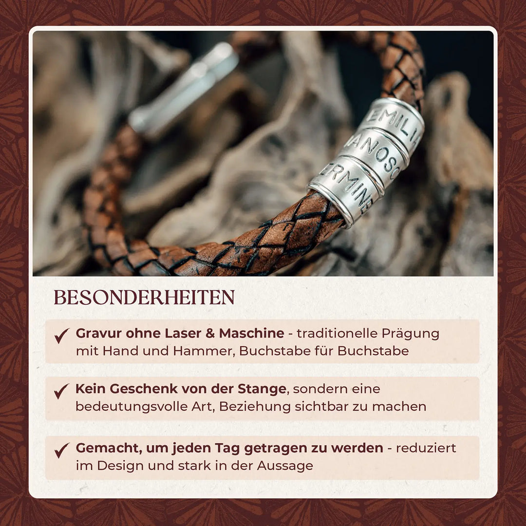Ein dickes, geflochtenes Gravur Armband für Herren aus braunem Leder, personalisiert mit Namen auf Sterling Silber 925 Perlen.