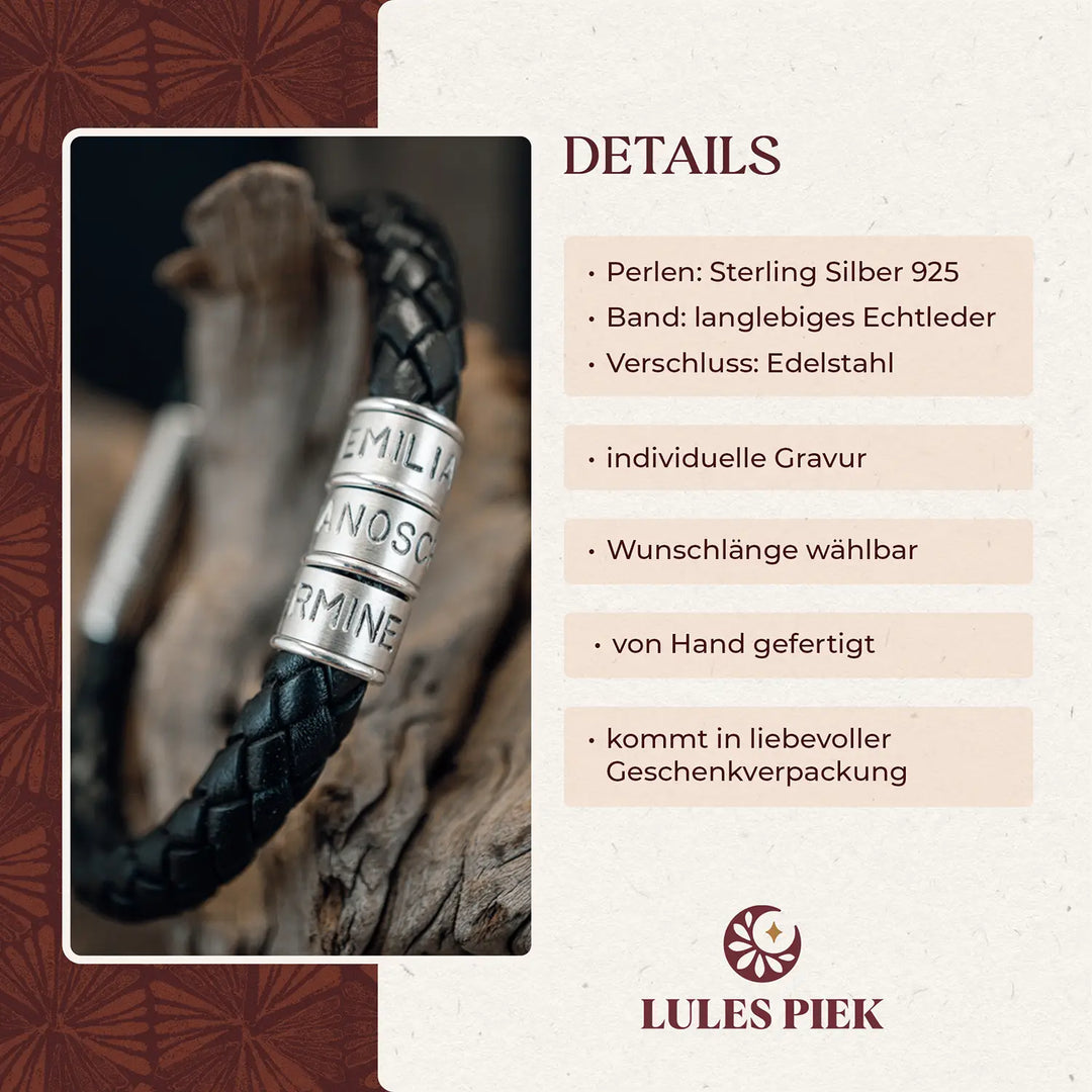 Ein dickes, geflochtenes Armband für Herren aus schwarzem Leder, personalisiert mit Gravur von Namen, Koordinaten und Datum auf Sterling Silber 925 Perlen.