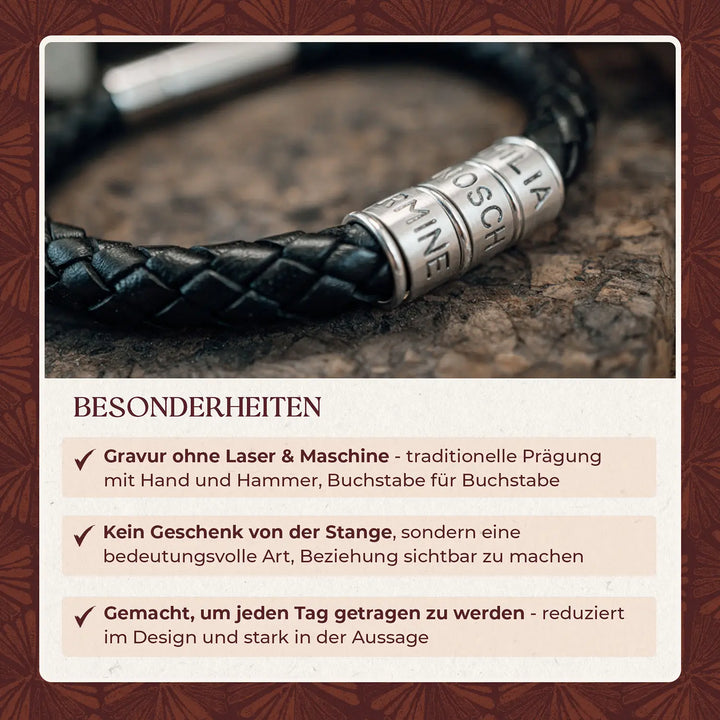 Ein dickes, geflochtenes Armband für Herren aus schwarzem Leder, personalisiert mit Gravur von Namen, Koordinaten und Datum auf Sterling Silber 925 Perlen.
