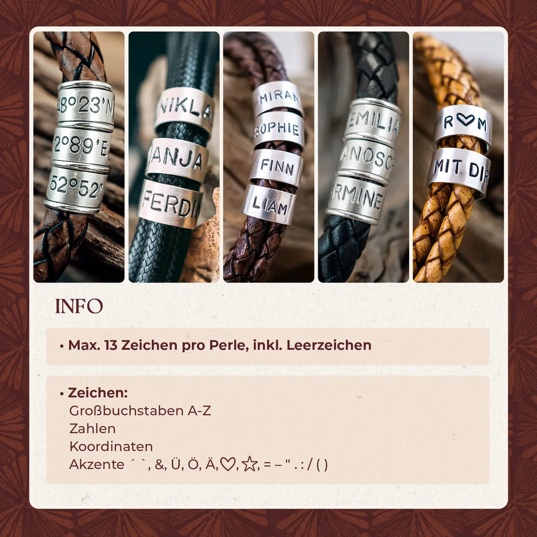 Aufzählung des Gravurservicefür die personalisierten Gravur Armbänder von Lules Piek.