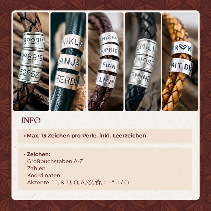 Aufzählung des Gravurservicefür die personalisierten Gravur Armbänder von Lules Piek.