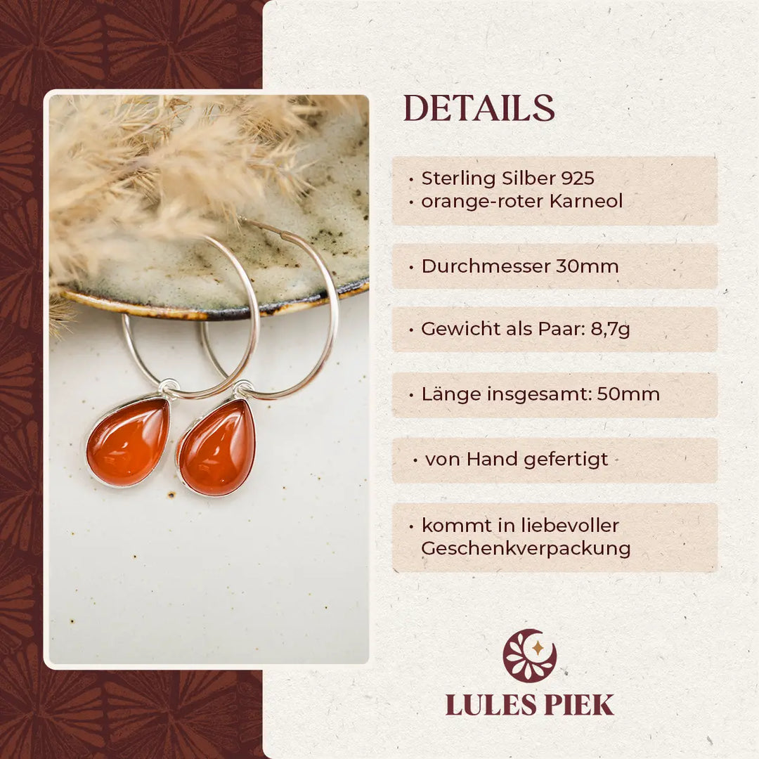 Creolen Silber 925 mit Karneol Tropfen Anhänger - handgefertigte Ohrringe aus Sterling Silber mit rotem Edelstein, 3 cm Durchmesser, eleganter Statement-Schmuck.