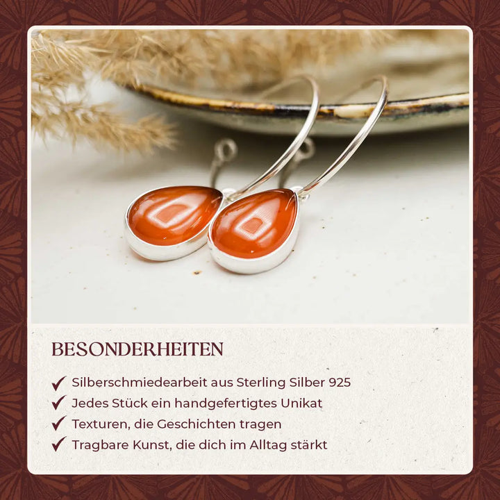 Creolen Silber 925 mit Karneol Tropfen Anhänger - handgefertigte Ohrringe aus Sterling Silber mit rotem Edelstein, 3 cm Durchmesser, eleganter Statement-Schmuck.