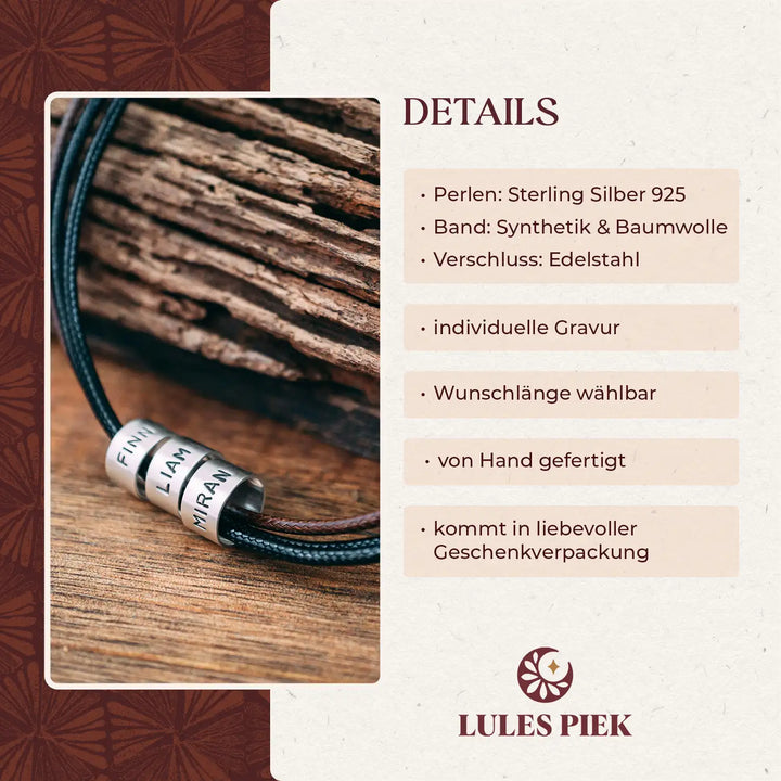 Vegane Halskette in Braun-Schwarz mit Gravur auf Echtsilber