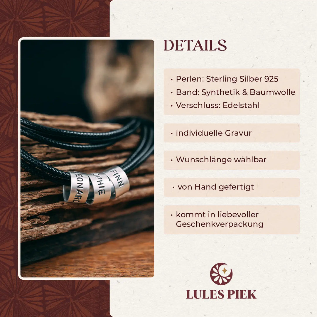 Vegane Halskette in Schwarz für Männer mit Gravur auf Echtsilber