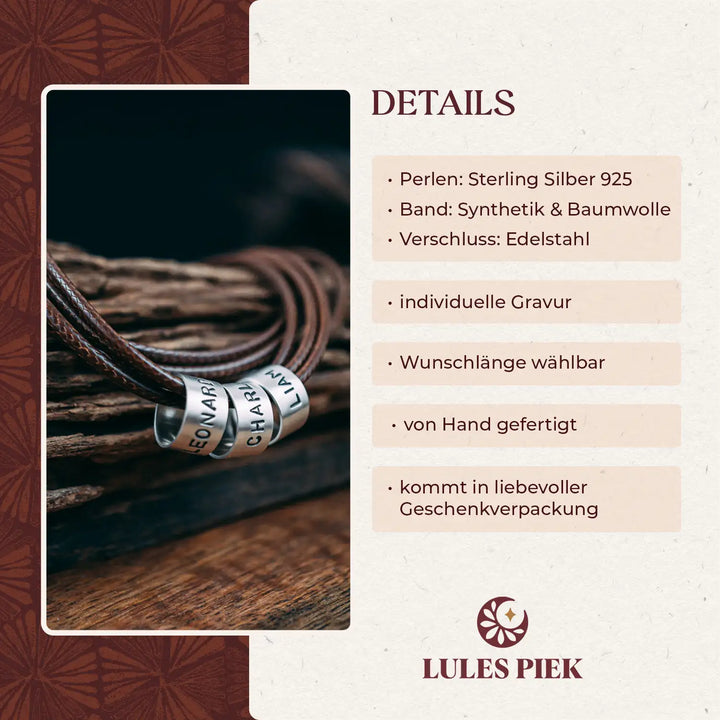 Vegane Halskette für Männer Braun mit Gravur auf Echtsilber