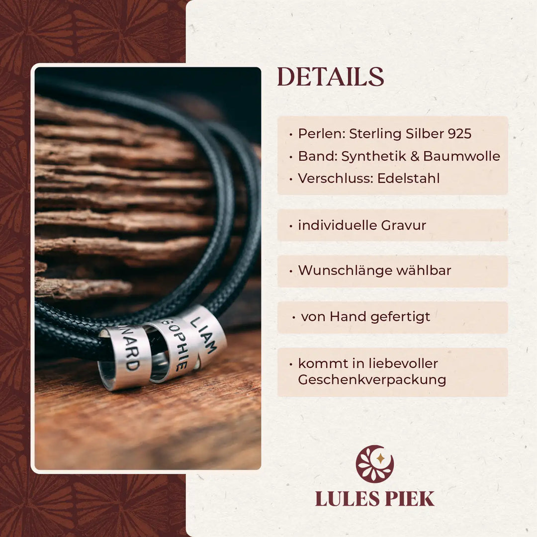 Vegane Halskette für Männer in Schwarz mit Gravur auf Echtsilber