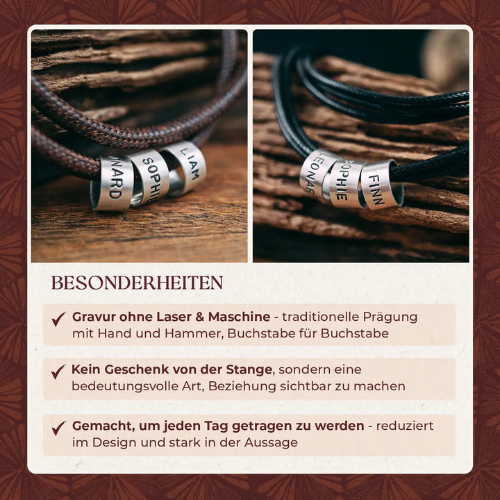 Eine vegane Kette mit Gravur für Männer. Die Halskette ist aus braunem und schwarzem Band und gedacht als Geschenk für Vater oder Ehemann. Sie ist personalisiert mit Namen auf Sterling Silber 925 Perlen.