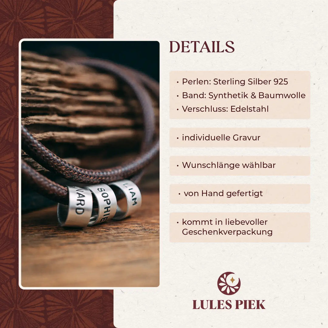 Vegane Halskette für Männer in Braun mit Gravur auf Echtsilber