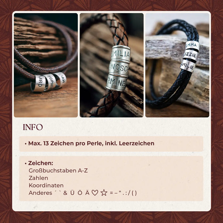 Armband oder Kette mit Gravur für Männer. Die Halsketten und Armbänder sind aus braunem und schwarzem Band und gedacht als Geschenk für Vater oder Ehemann. Personalisiert mit Namen auf Sterling Silber 925 Perlen.