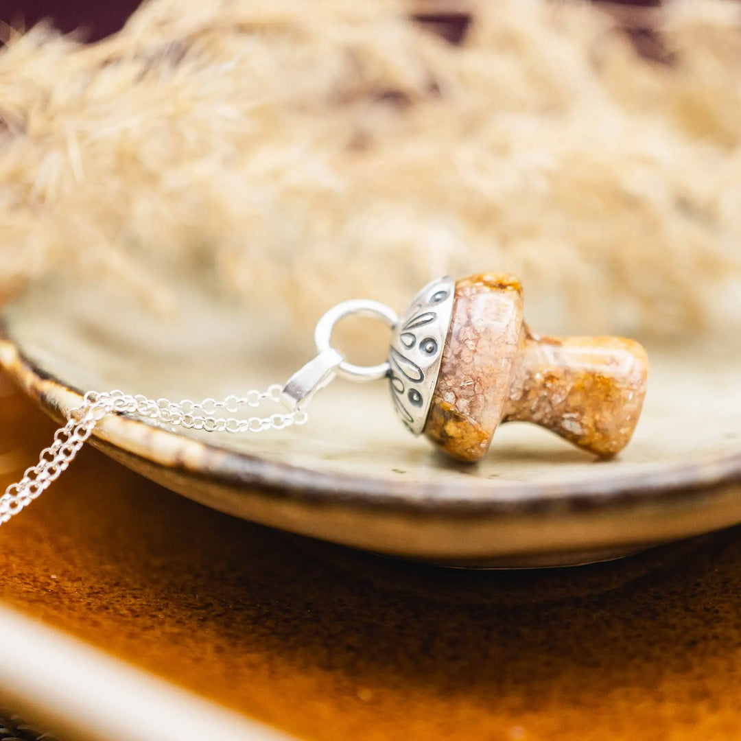 Kette mit Pilz aus Silber 925. Der Pilz ist ein Jaspis Edelstein in Rosa und Gelb gefleckt. Die Naturstein Kette mit Silberkappe ist eine Silberschmiedearbeit.