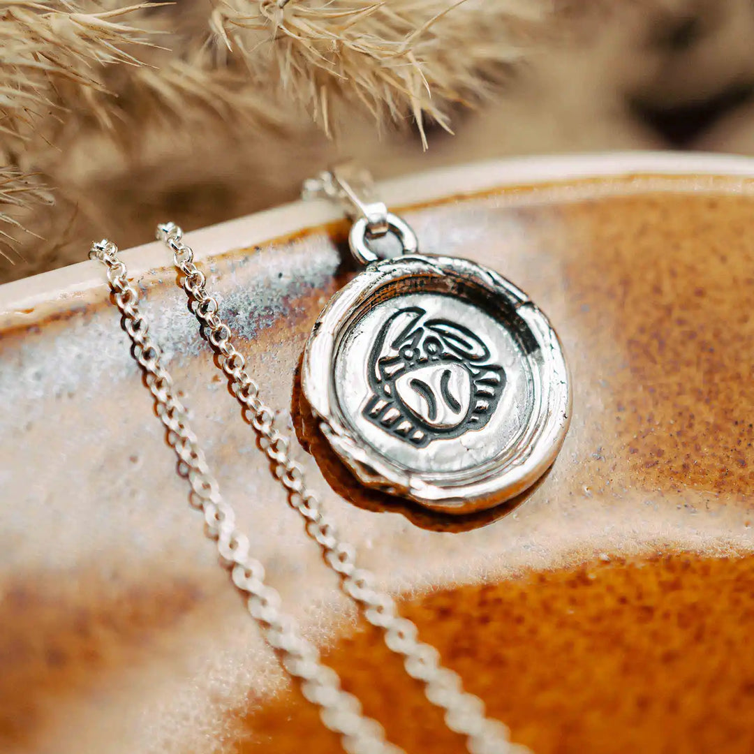 Kette mit Sternzeichen Krebs aus Sterling Silber 925. Der Sternzeichen Anhänger hat die Form einer Münz-Kette im Wachssiegel-Look und hängt an einer zarten Echt Silber Kette.