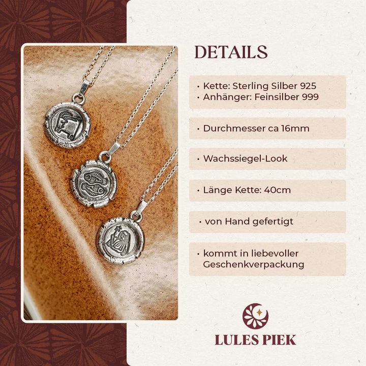 Kette mit Sternzeichen aus Sterling Silber 925. Der handgemachte Sternzeichen Anhänger hat die Form einer Münz-Kette im Wachssiegel-Look und hängt an einer zarten Echt Silber Kette. Ein besonderes Schmuck Geschenk für Frauen.