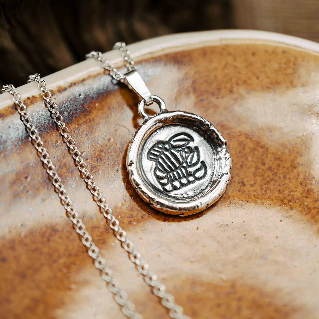 Kette mit Sternzeichen Skorpion aus Sterling Silber 925. Der organische Sternzeichen Anhänger hat die Form einer Münz-Kette im rustikalen Wachssiegel-Look und hängt an einer zarten echt Silber Kette. 