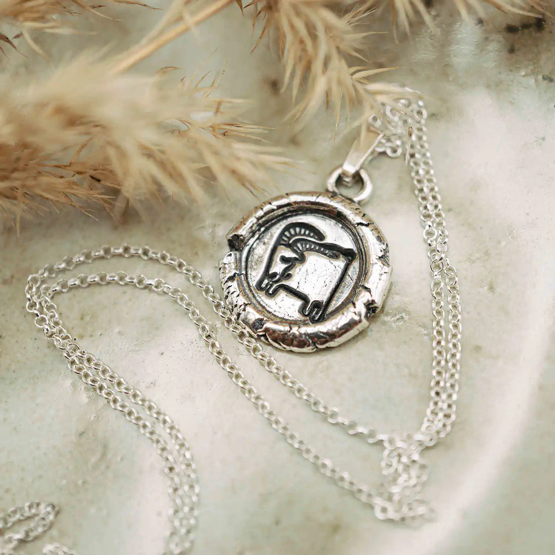 Kette mit Sternzeichen Steinbock aus Sterling Silber 925. Der organische Sternzeichen Anhänger hat die Form einer Münz-Kette im rustikalen Wachssiegel-Look und hängt an einer zarten echt Silber Kette. 
