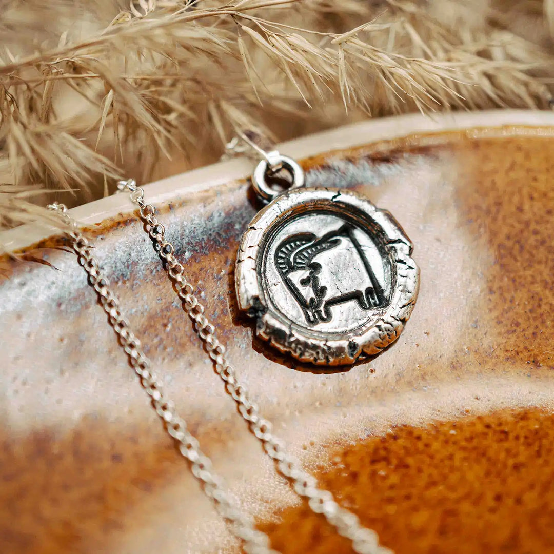 Kette mit Sternzeichen Steinbock aus Sterling Silber 925. Der organische Sternzeichen Anhänger hat die Form einer Münz-Kette im rustikalen Wachssiegel-Look und hängt an einer zarten echt Silber Kette. 
