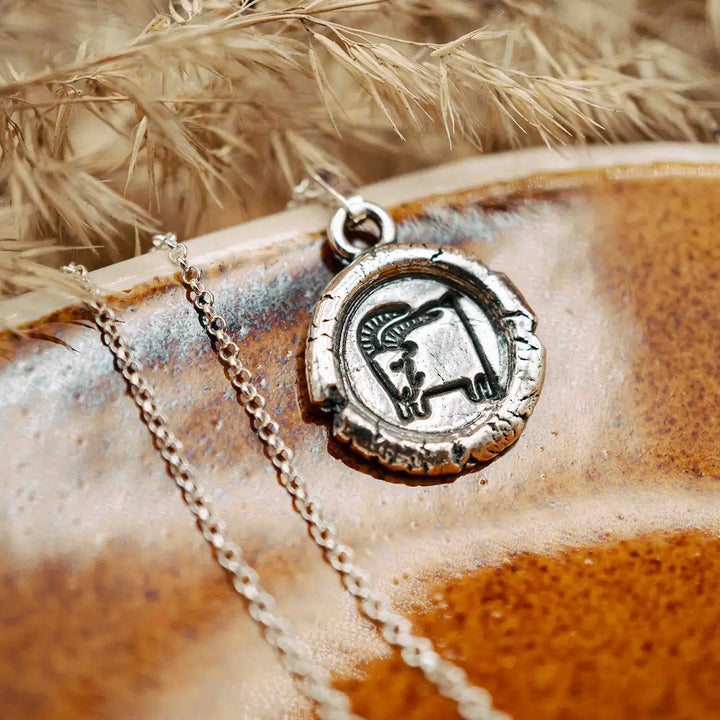 Kette mit Sternzeichen Steinbock aus Sterling Silber 925. Der organische Sternzeichen Anhänger hat die Form einer Münz-Kette im rustikalen Wachssiegel-Look und hängt an einer zarten echt Silber Kette. 