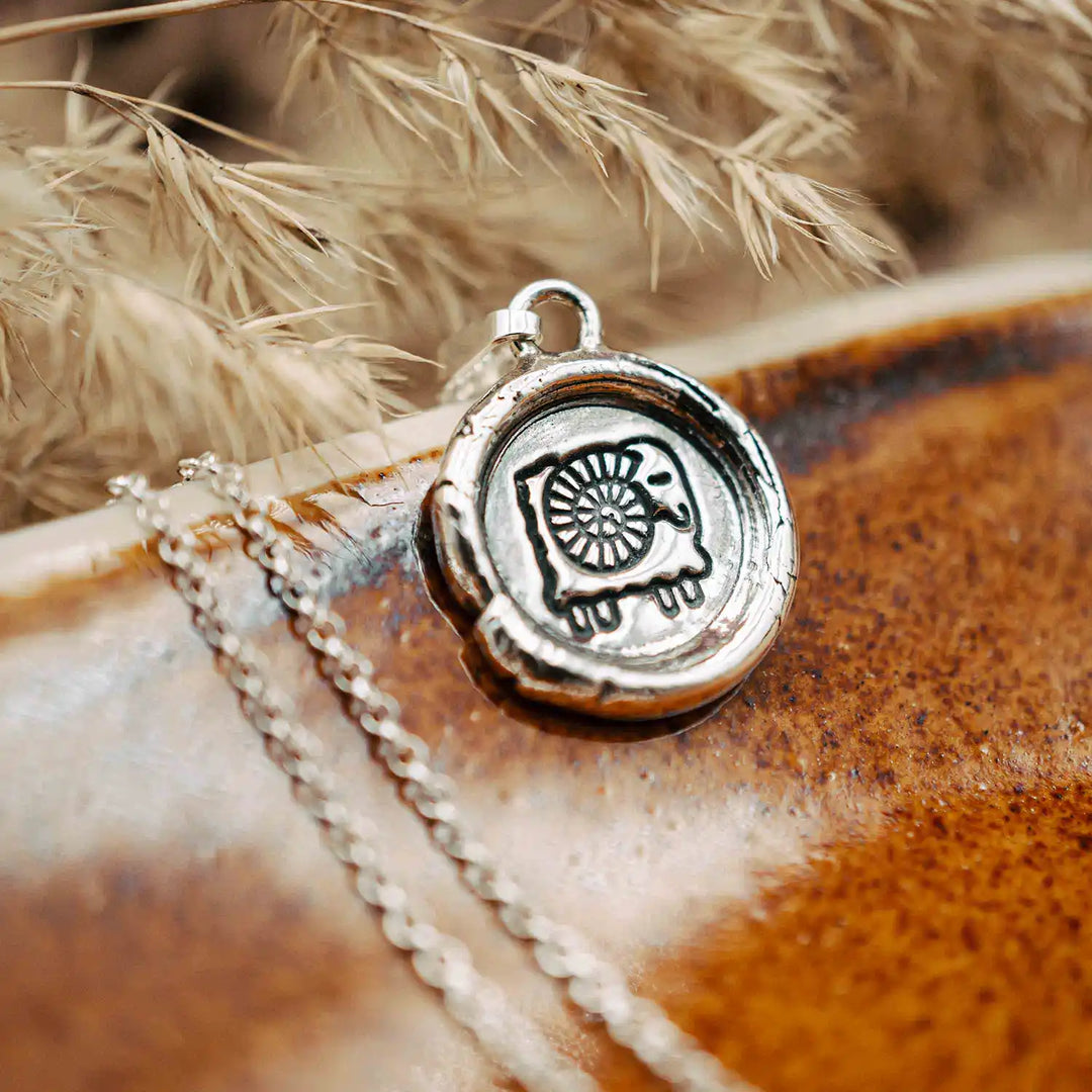 Kette mit Sternzeichen Widder aus Sterling Silber 925. Der Sternzeichen Anhänger hat die Form einer Münz-Kette im Wachssiegel-Look und hängt an einer zarten Echt Silber Kette.