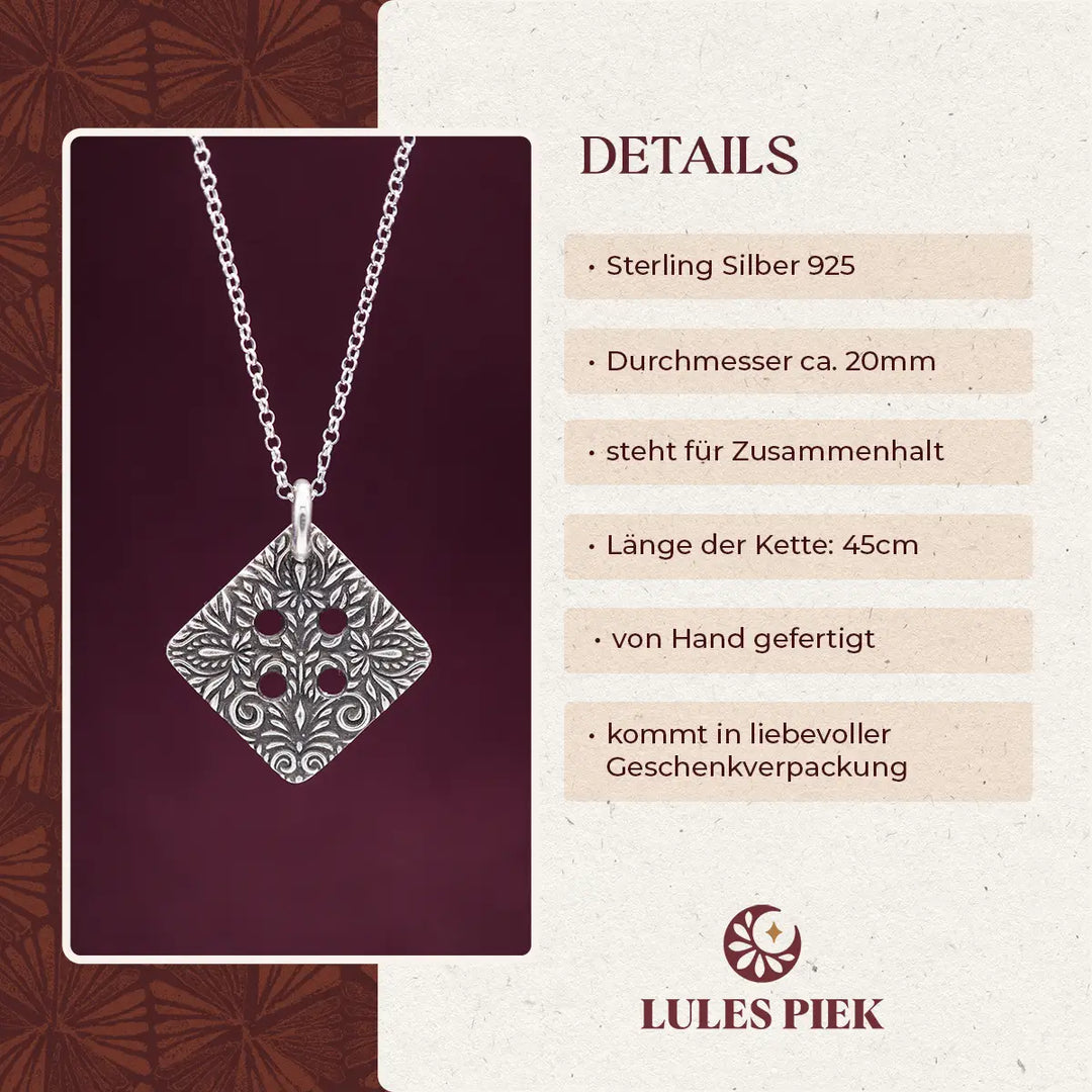 Freundschaftskette und Mutter-Tochter-Kette aus Silber 925 mit eckigem Knopf Anhänger, floral verziert. Die Knopf Kette steht für Zusammenhalt.