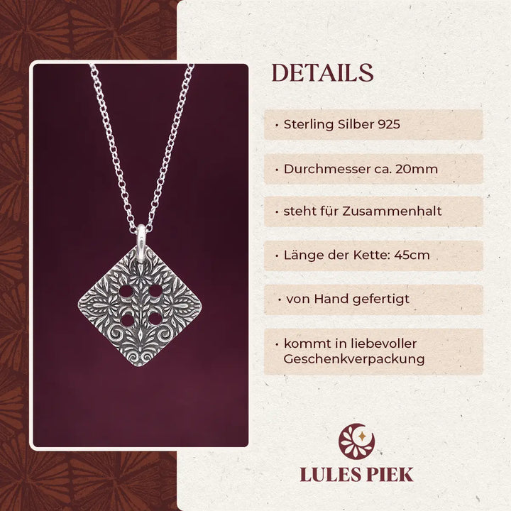 Freundschaftskette und Mutter-Tochter-Kette aus Silber 925 mit eckigem Knopf Anhänger, floral verziert. Die Knopf Kette steht für Zusammenhalt.