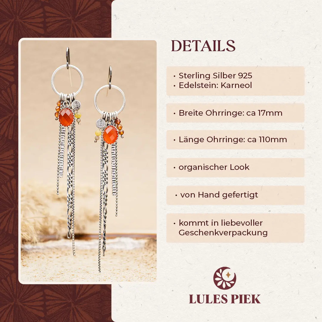 Lange Ohrringe aus Silber 925 mit Ketten & Karneol - Statement Ohrringe