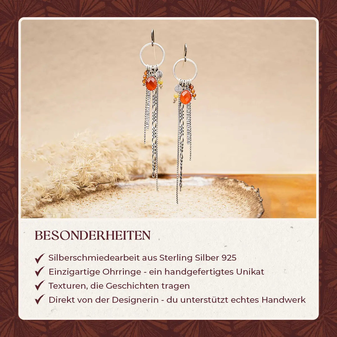 Lange Ohrringe aus Silber 925 mit Ketten & Karneol - Statement Ohrringe