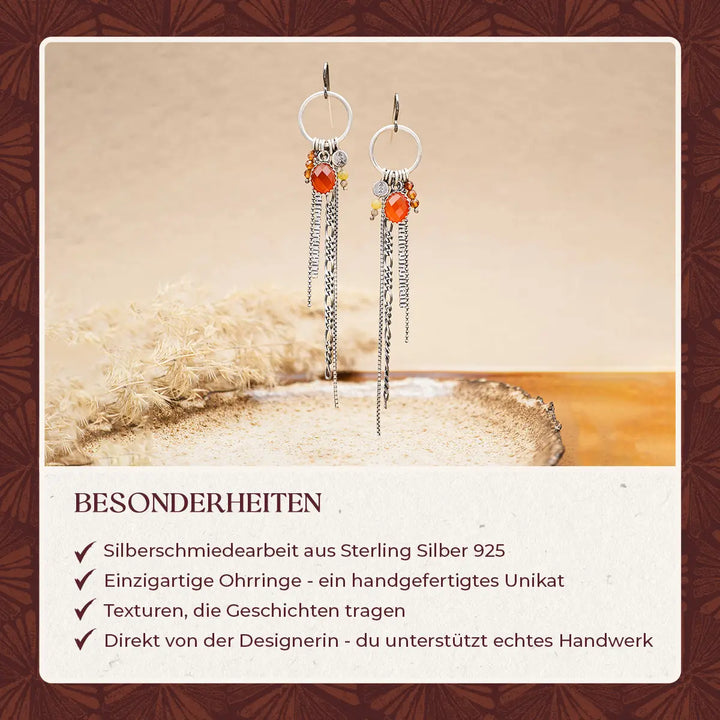 Lange Ohrringe aus Silber 925 mit Ketten & Karneol - Statement Ohrringe