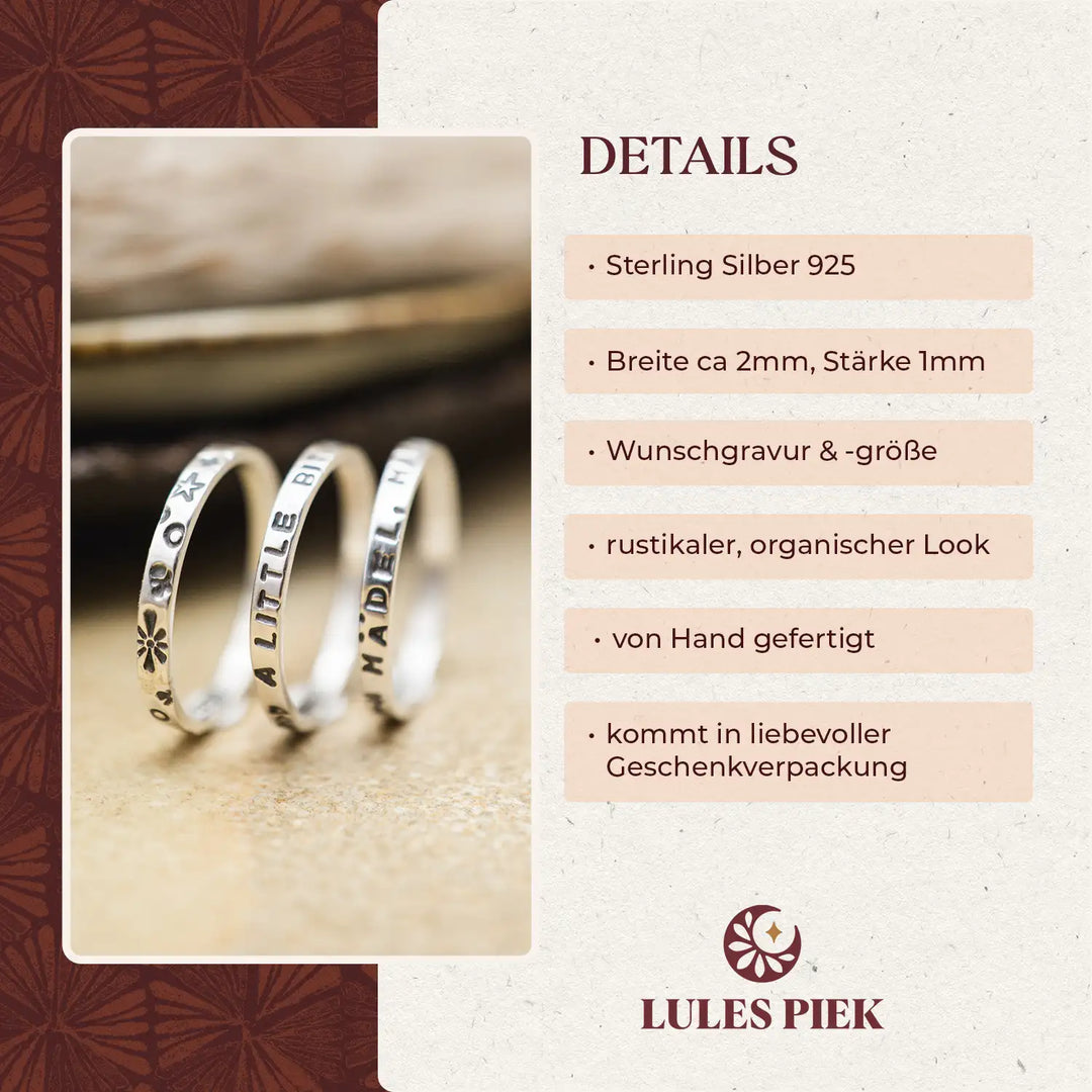 Gravur Ring aus Silber 925, schmaler Ring mit schwarzer Gravur, handgefertigter Stacking Ring.