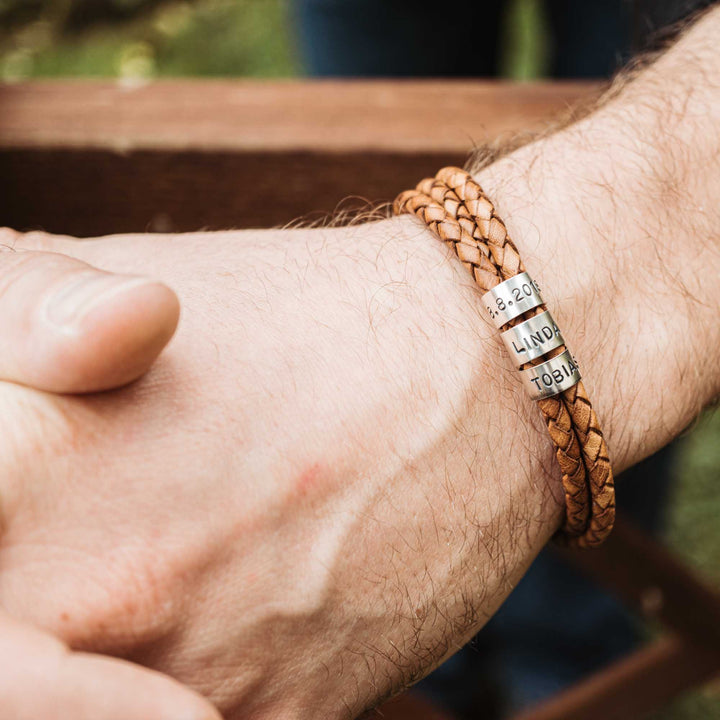 Lederarmband in Hellbraun Natur mit Gravur auf 925 Echtsilber