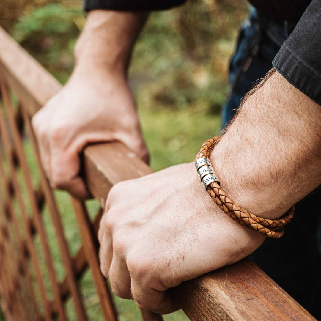 Lederarmband in Hellbraun Natur mit Gravur auf 925 Echtsilber