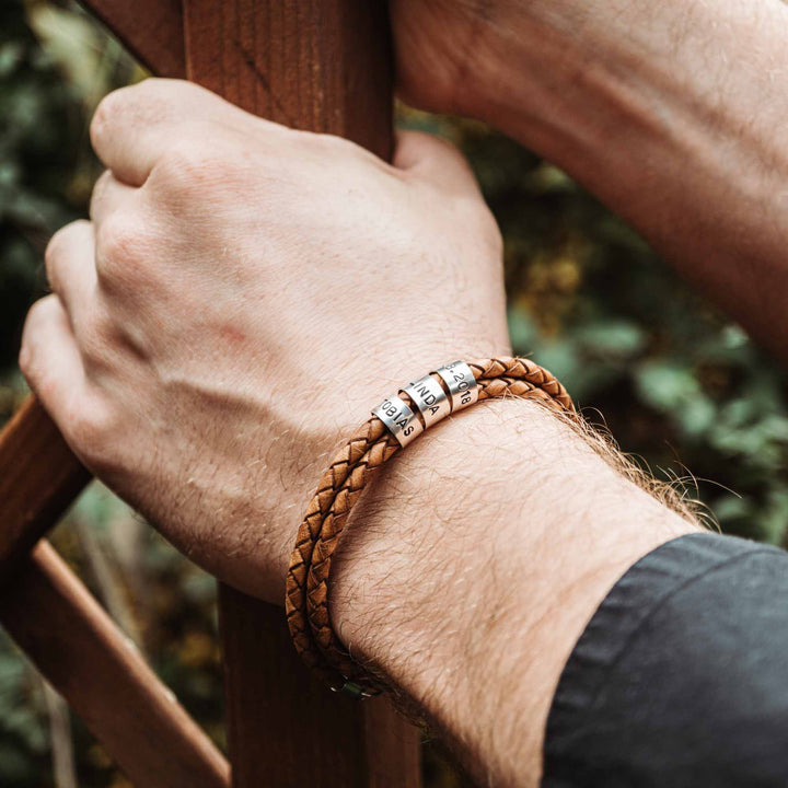 Lederarmband in Hellbraun Natur mit Gravur auf 925 Echtsilber