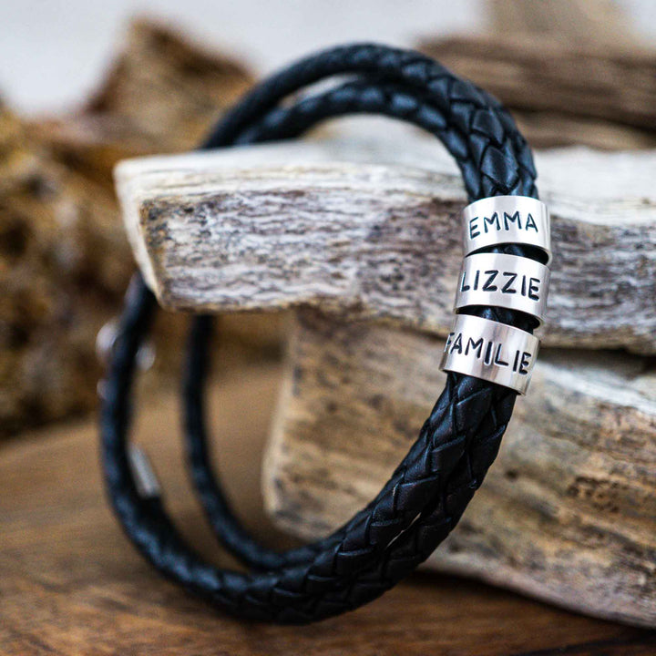 Leather bracelet in black with engraving on 925 real silver
