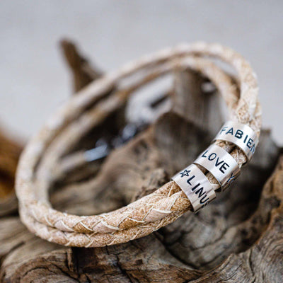 Lederarmband in Weiß Beige mit Gravur auf 925 Echtsilber