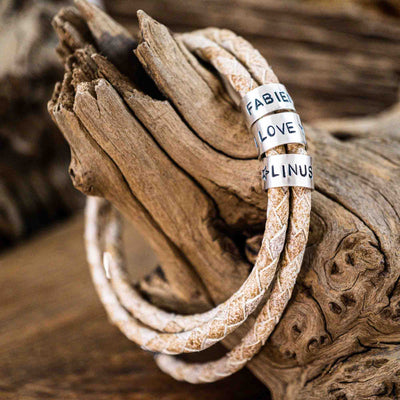 Lederarmband in Weiß Beige mit Gravur auf 925 Echtsilber