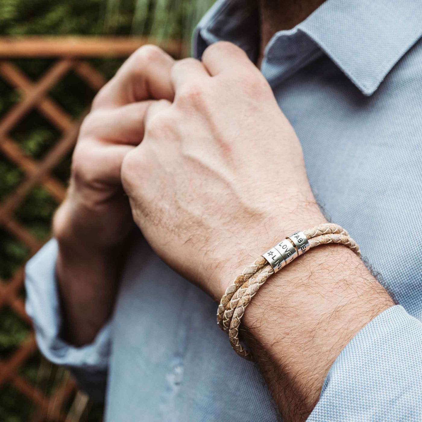 Lederarmband in Weiß Beige mit Gravur auf 925 Echtsilber