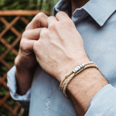 Lederarmband in Weiß Beige mit Gravur auf 925 Echtsilber